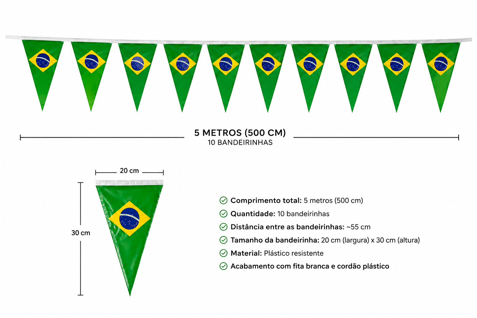 Bandeirinhas do Brasil em Plástico (5 Metros), e 10 bandeirinhas
