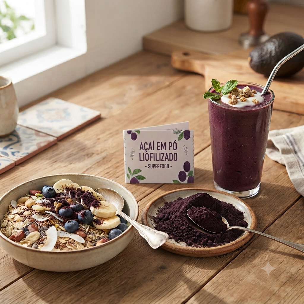 Açai em pó com smoothie ou yougurte.