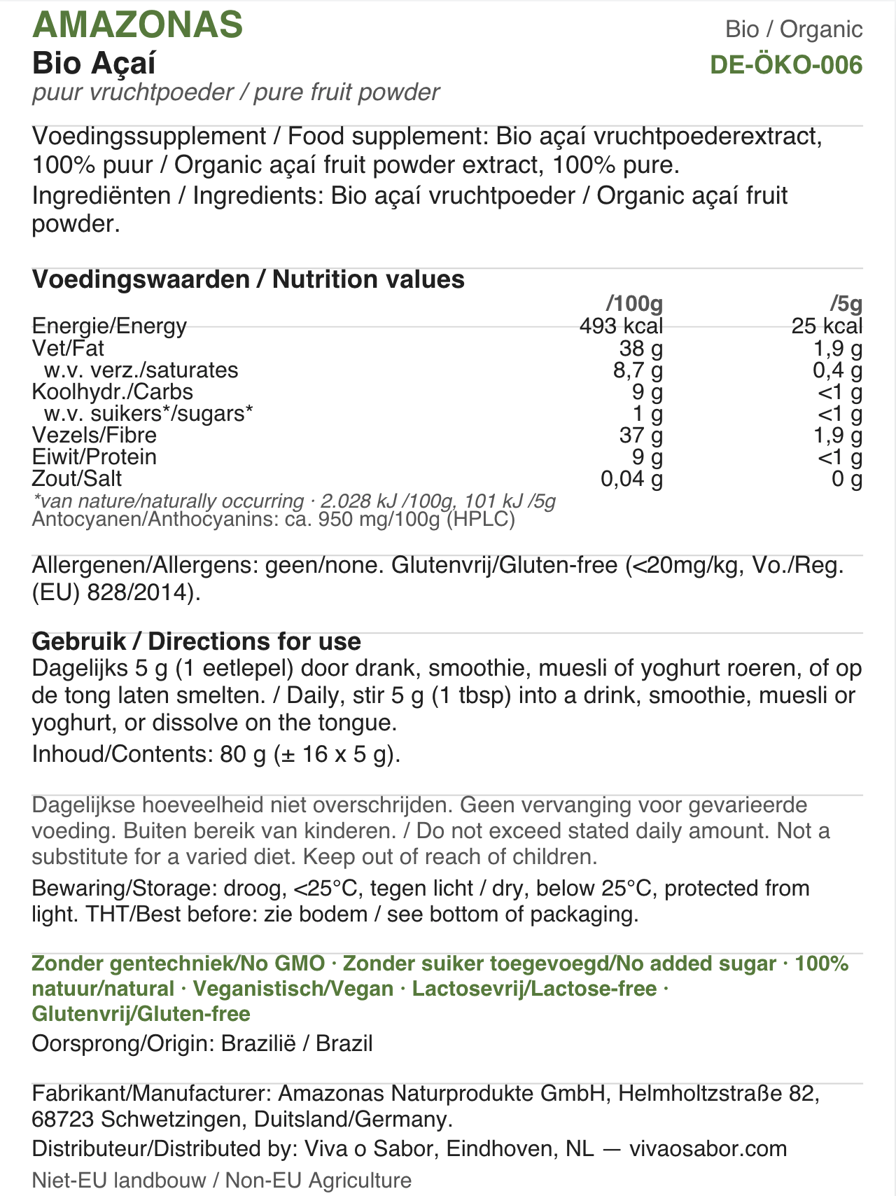 Bio Açaí Liofilizado 80g - 100% Puro, Sem Aditivos